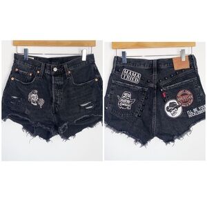 Levi’s 501 Black Distressed Button Fly Denim Shorts with Patches 27